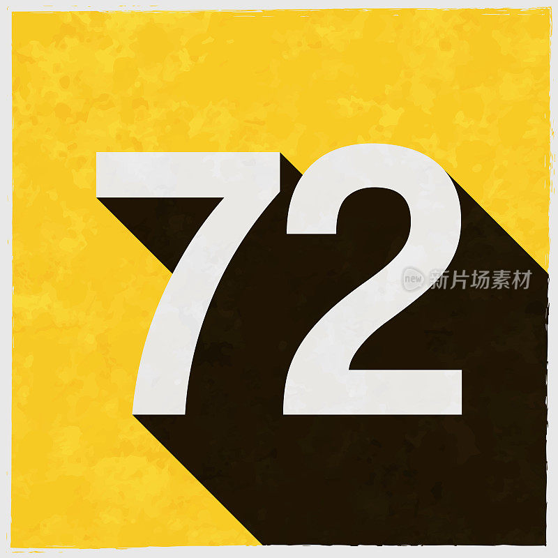 72 -数字72。图标与长阴影的纹理黄色背景